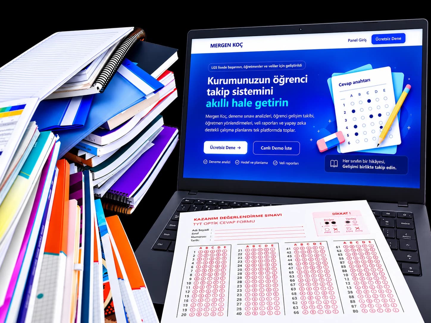 Kitaplar, optik cevap formu ve ekranında Mergen Koç öğrenci takip sistemi açık olan dizüstü bilgisayar